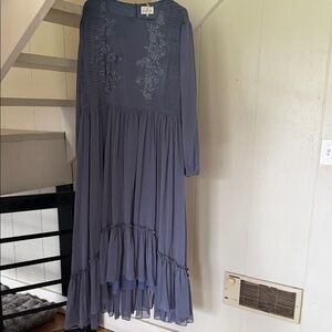 Embroidered Long Sleeve Midi Dress - Slate Blue